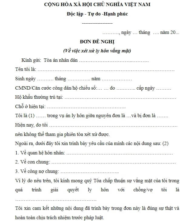 Mẫu đơn xin vắng mặt tại phiên tòa